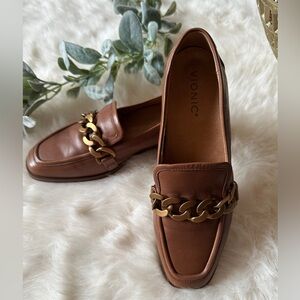 Vionic Mizelle Brown Leather Loafers Gold Chain US 7